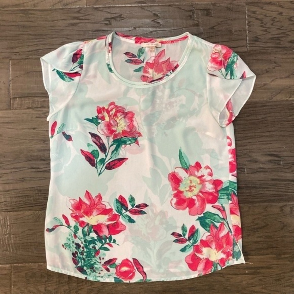 Skies Are Blue Floral Blouse in Mint & Coral Pink